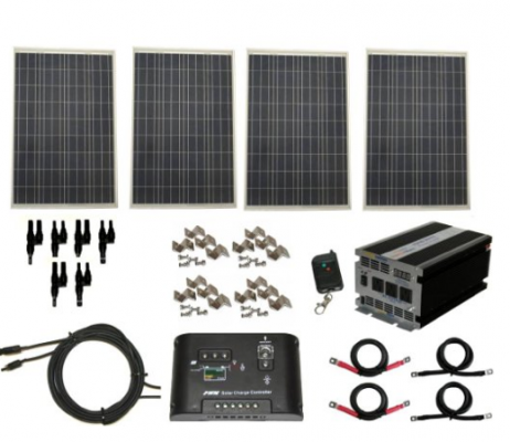 Complete 400 Watt Solar Panel Kit with 1500 Watt VertaMax Power Inverter for RV, Boat, Off-Grid 12 Volt Battery Systems